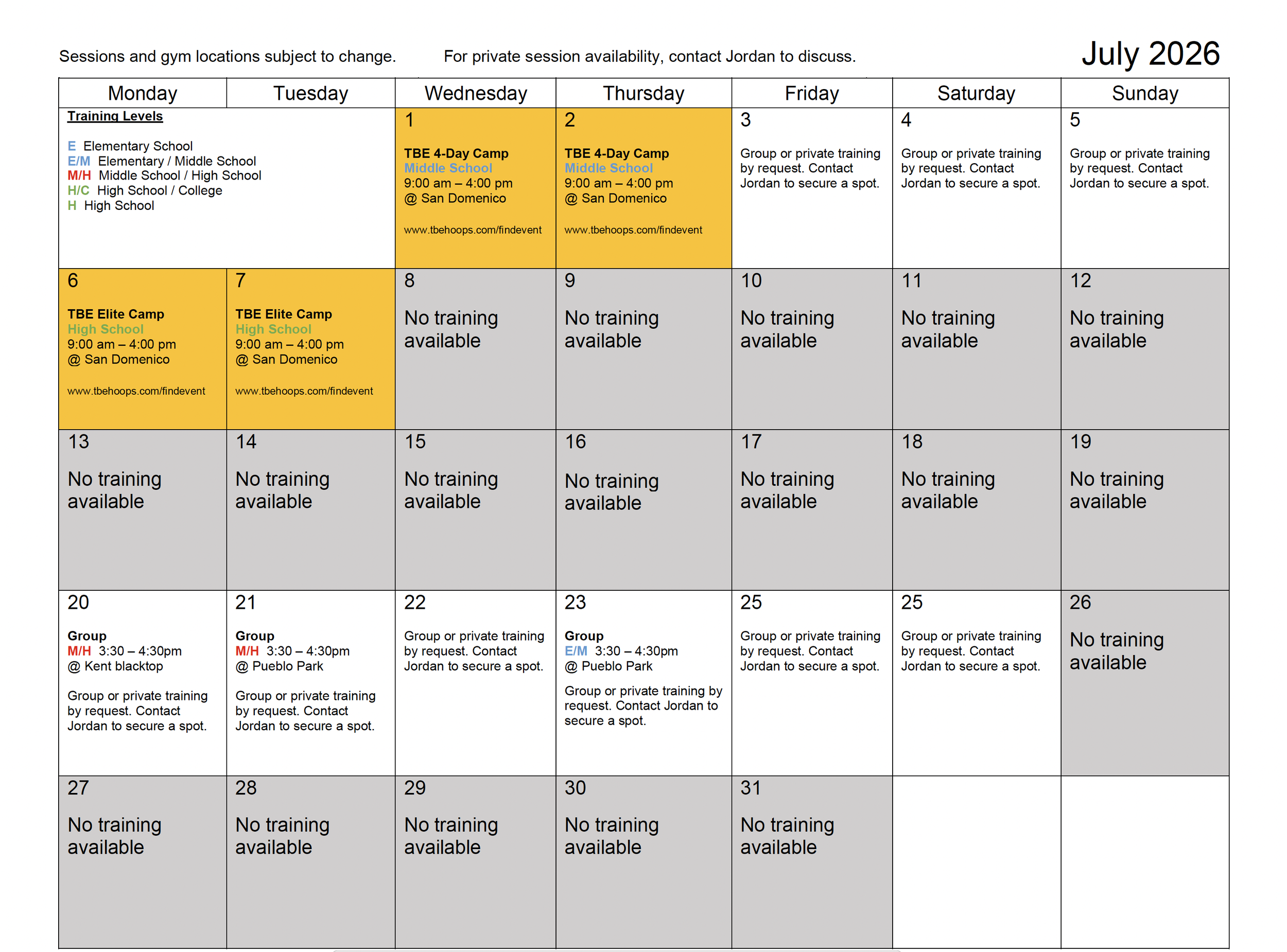 July 2026 training calendar