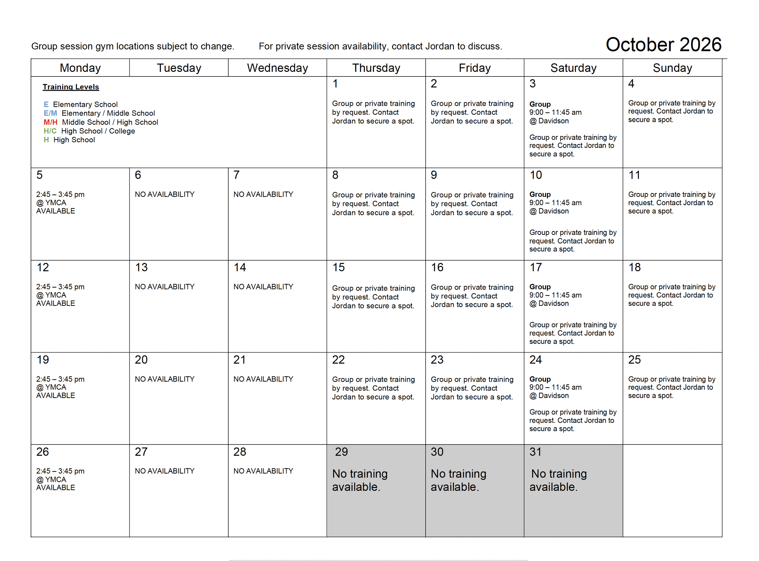 October 2026 training calendar