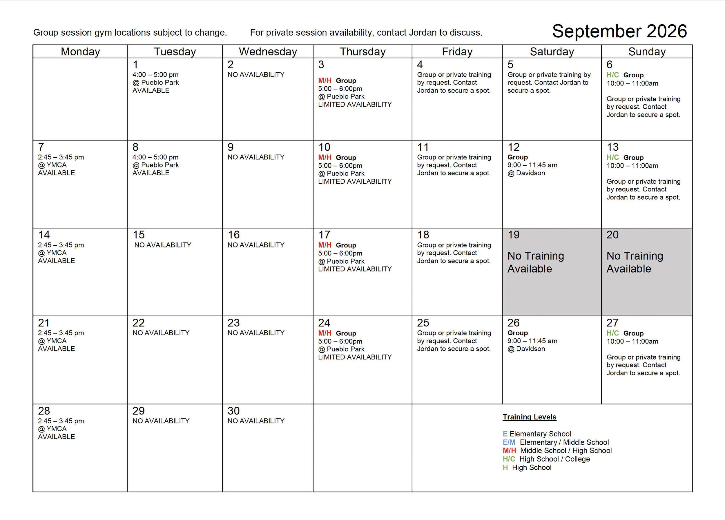 September 2026 training calendar