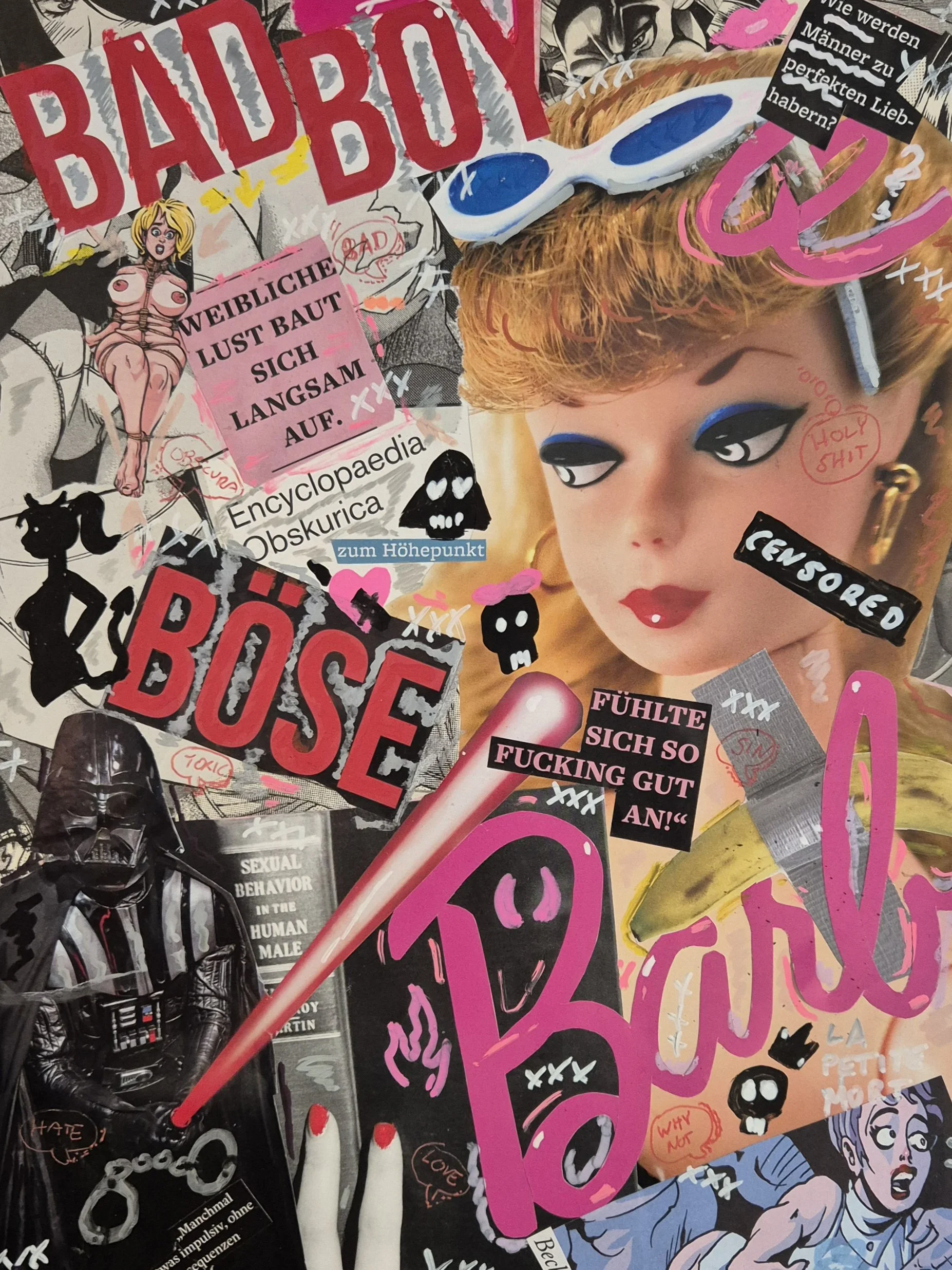 A collage of various pop art, comic, and magazine clippings, including a woman's face with blue eye makeup, sunglasses, a comic girl illustration, black and white silhouettes, and various text snippets.