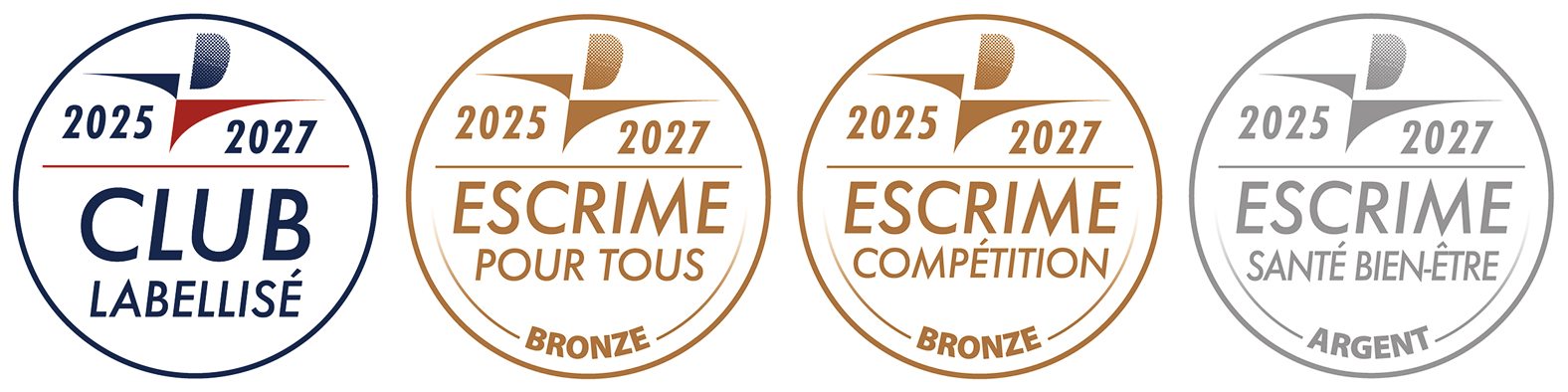 Images des labels obtenus par le club : labellisé, escrime pour tous bronze, escrime compétition  bronze, escrime santé bien-être argent