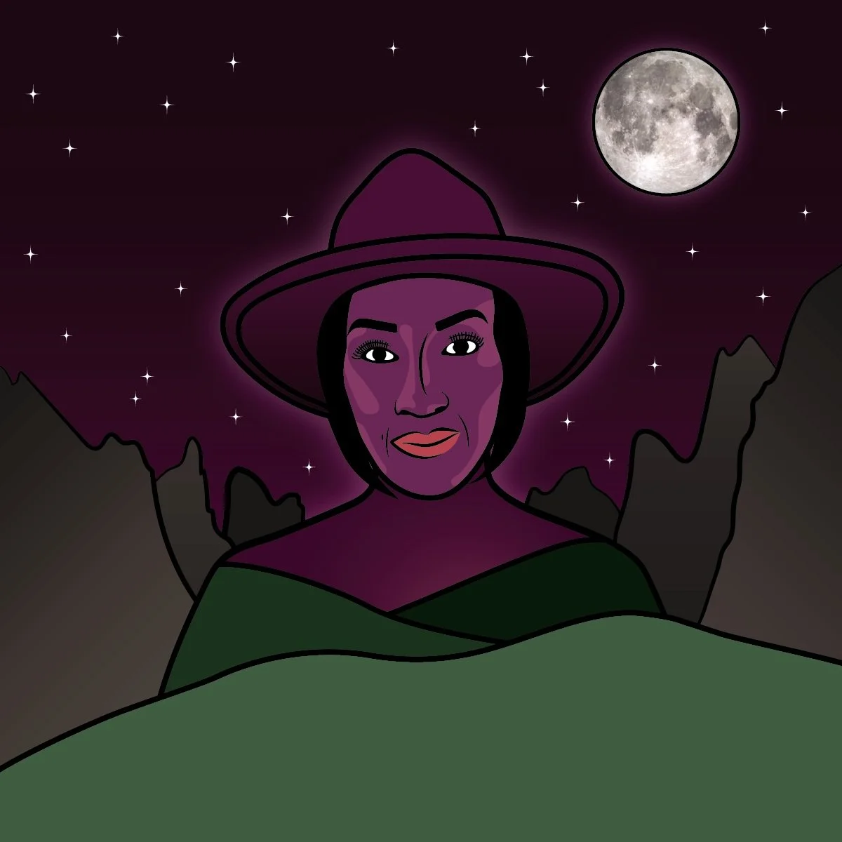A digital illustration of a woman with dark hair, wearing a witch's hat, with a mountainous landscape, starry night sky, and full moon in the background.