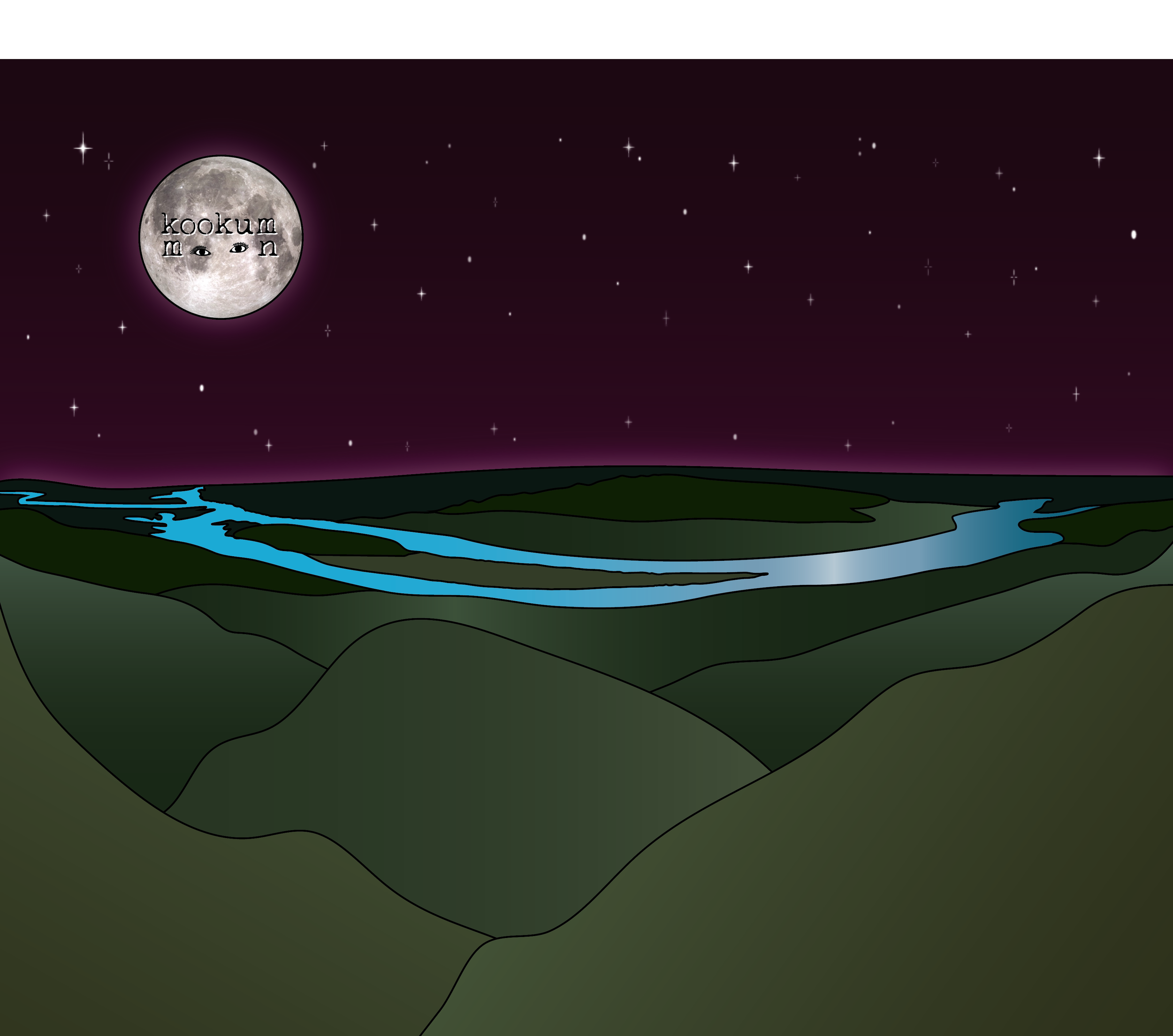 Illustration of a night landscape with a starry sky, a full moon with text, and a winding river flowing through green hills.