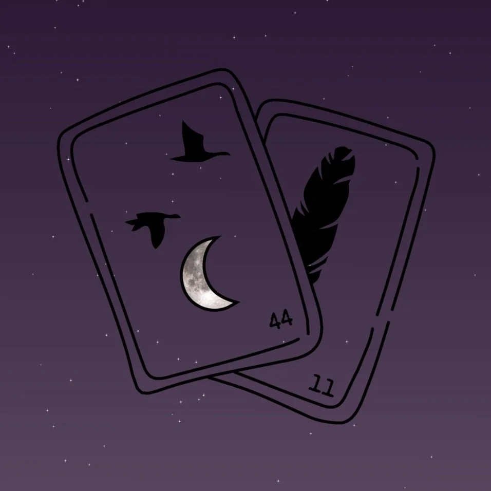 Illustration of two tarot cards, one showing a moon, two birds, and a starry night sky, and the other showing a feather, set against a dark purple background with small stars.