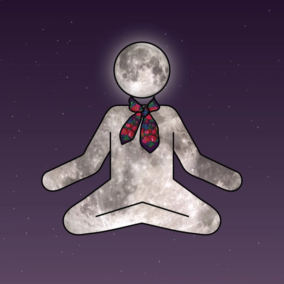 Illustration of a person meditating with the moon as a head, sitting cross-legged with a moon body and head, wearing a colorful scarf against a starry night sky.
