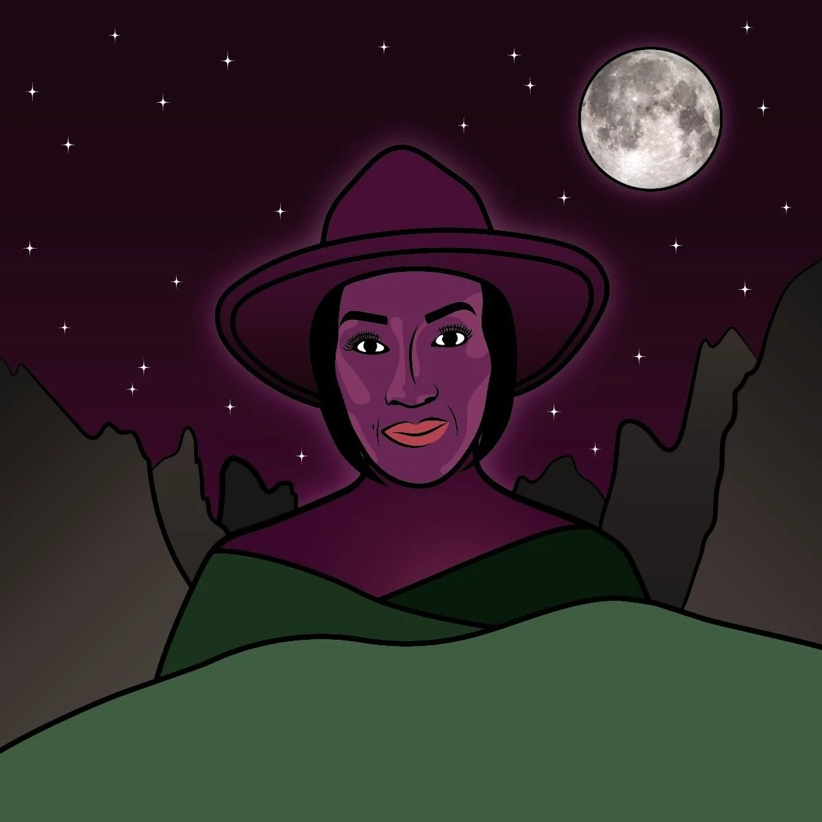 A digital illustration of a woman with dark hair, wearing a wide-brimmed hat and a green garment, standing in a mountainous landscape under a starry night sky with a full moon.