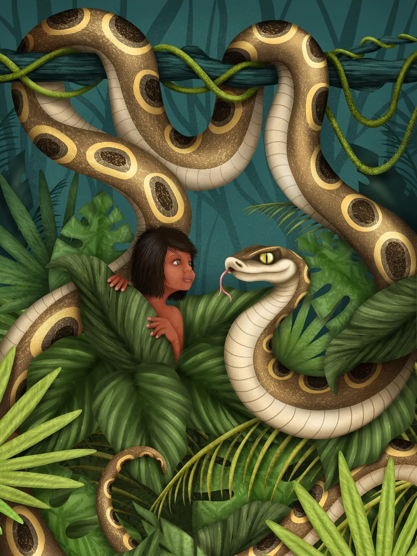 Mowgli &amp; Kaa, my submission for the #scbwidrawthis monthly prompt: Reptile 🐍

I was very excited to join SCBWI last week, and when I saw this prompt I could not resist. This drawing took about 18 hours total, but the time flew by - felt like an 