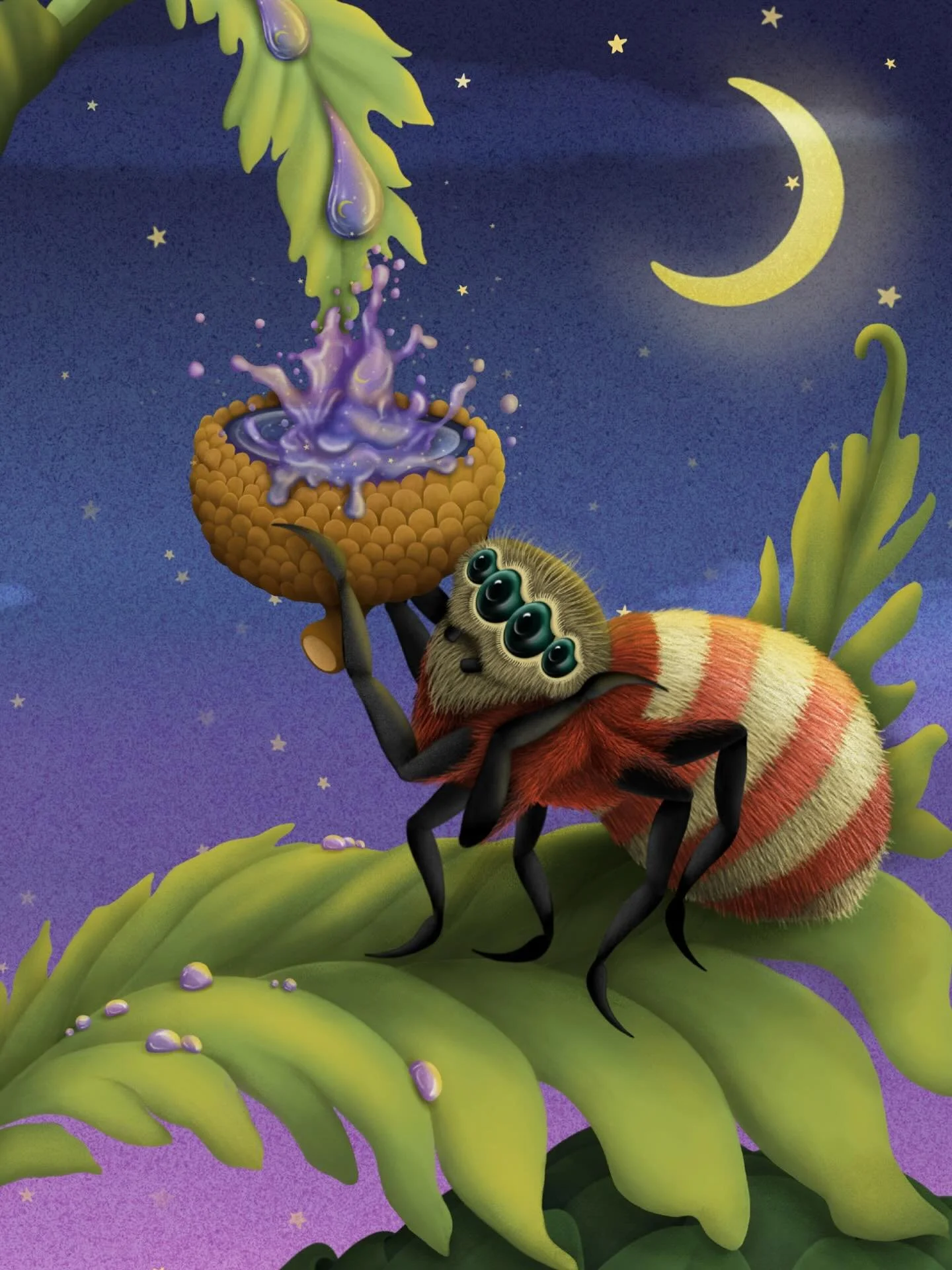 A spider catches droplets in this magical little scene from a picture book about two spiders in a garden. Hand-illustrated in #adobefresco

#childrensbookillustrator #kidslitillustration #picturebookillustration #digitalillustration