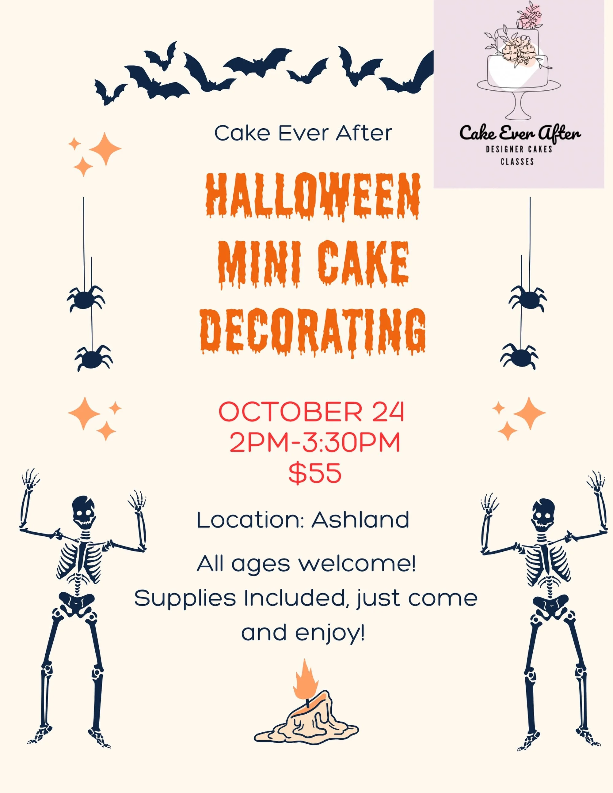 🎃🧁 👻

Get ready for a Halloween Cake Decorating Class for ALL ages! 🕷️✨

Whether you&rsquo;re a little baker, a teen, a parent, or just a grown-up who loves cake (we see you 😜) &mdash; come decorate your very own Halloween cake and have some del