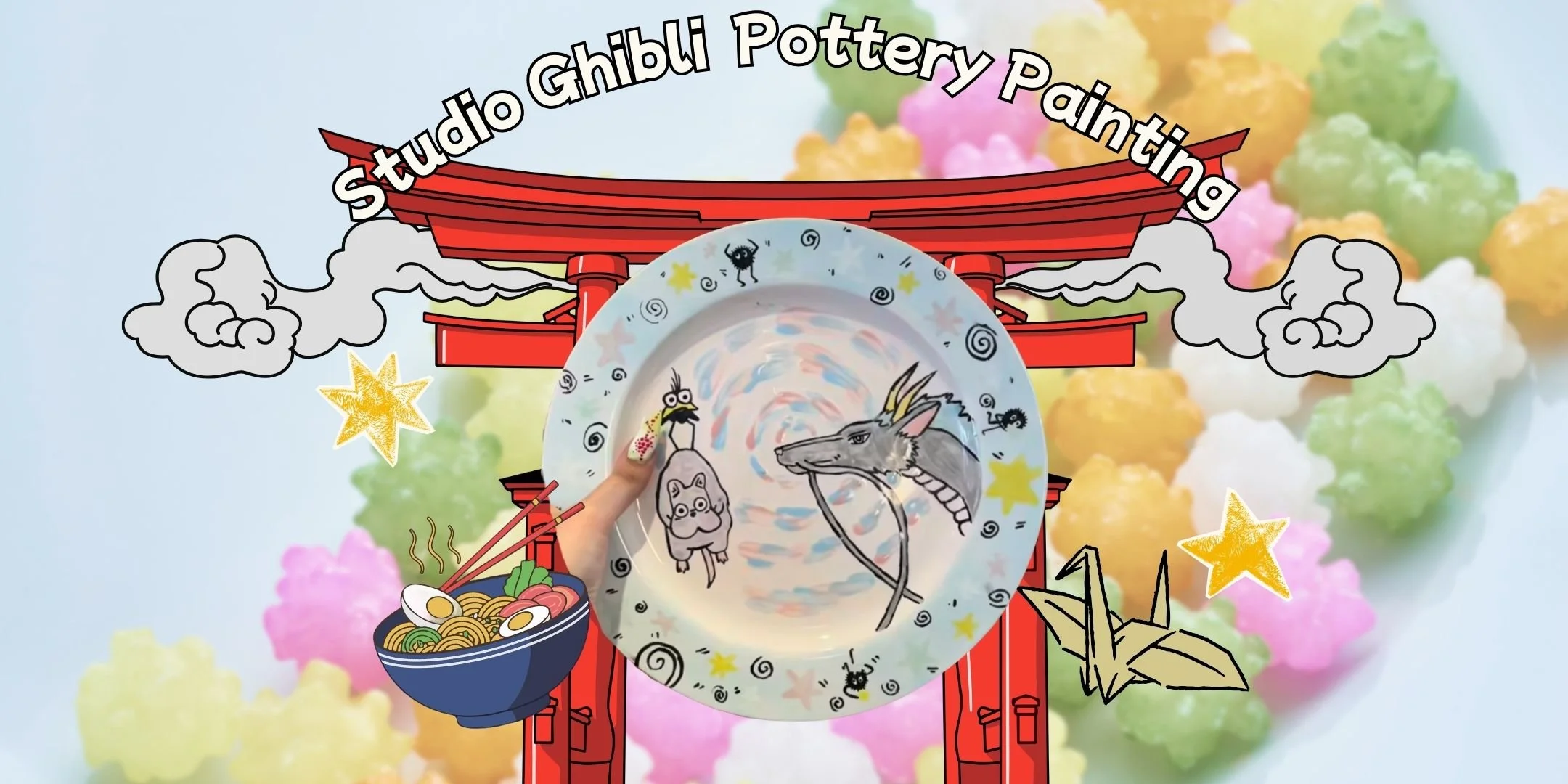 A collage of three images: on the left, a man with gray hair, glasses, and a beard holding a birthday cake with lit candles and chocolate frosting, smiling; in the middle, a hand holding a decorated circular ceramic plate with a black cartoon cat and four black fuzzy creatures, with the text "BYOB" below; on the right, two women sitting at a table painting ceramic pottery, with one woman painting with a toothpick and the other watching, near a window with trees outside, and a logo at the bottom right corner for Belfast Pottery Painting.