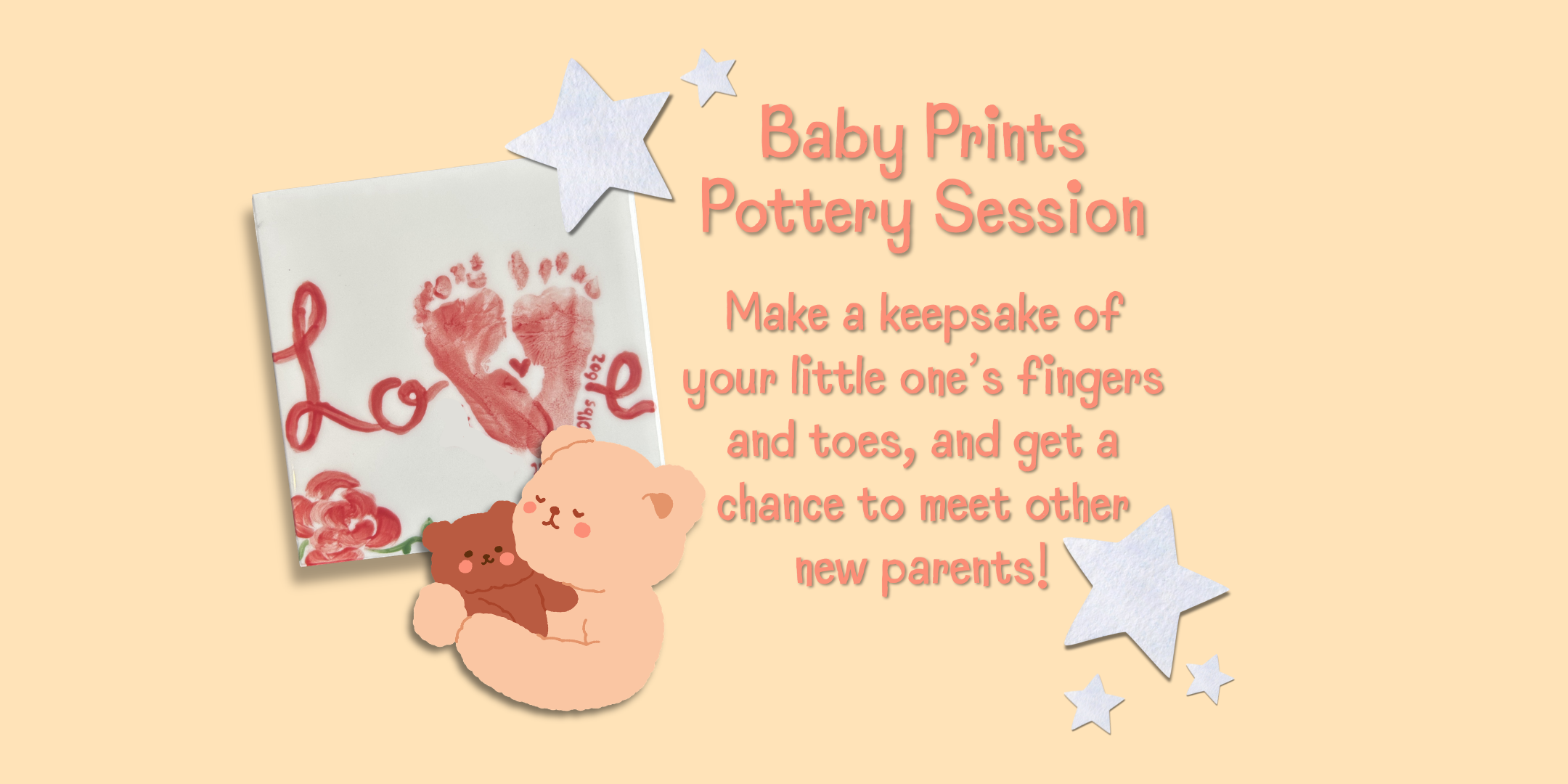 Promotional graphic for baby handprint and foot print pottery painting event featuring a baby sitting and looking up, red handprints and footprints, and a decorated plate with baby footprints and the name Oliver.