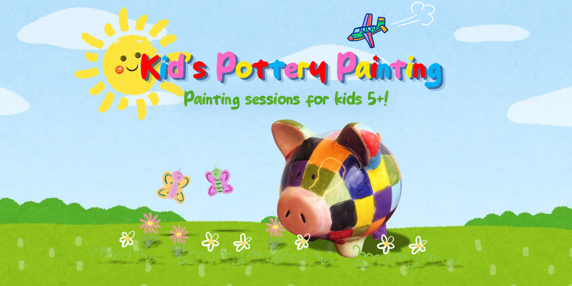 A woman and a young girl are painting together in a pottery studio. They are both wearing aprons and smiling. The image has pink watercolor floral accents and includes the text "Kids Pottery Painting" along with a circular logo for "Belfast Pottery Painting" featuring a happy cartoon mug holding a paintbrush.
