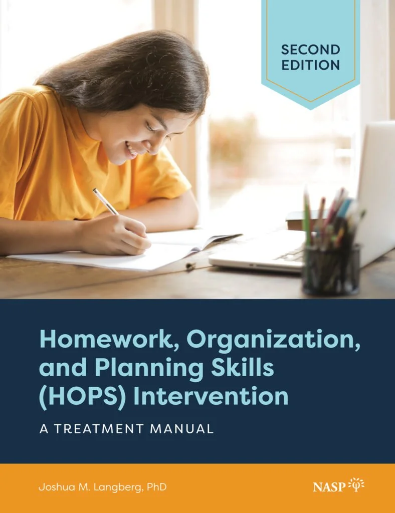 The cover of a book titled 'Homework, Organization, and Planning Skills (HOPS) Intervention: A Treatment Manual' by Joshua M. Langberg, PhD. The cover features a smiling young woman in an orange shirt writing on a paper at a desk, with a laptop and a container of pencils nearby.