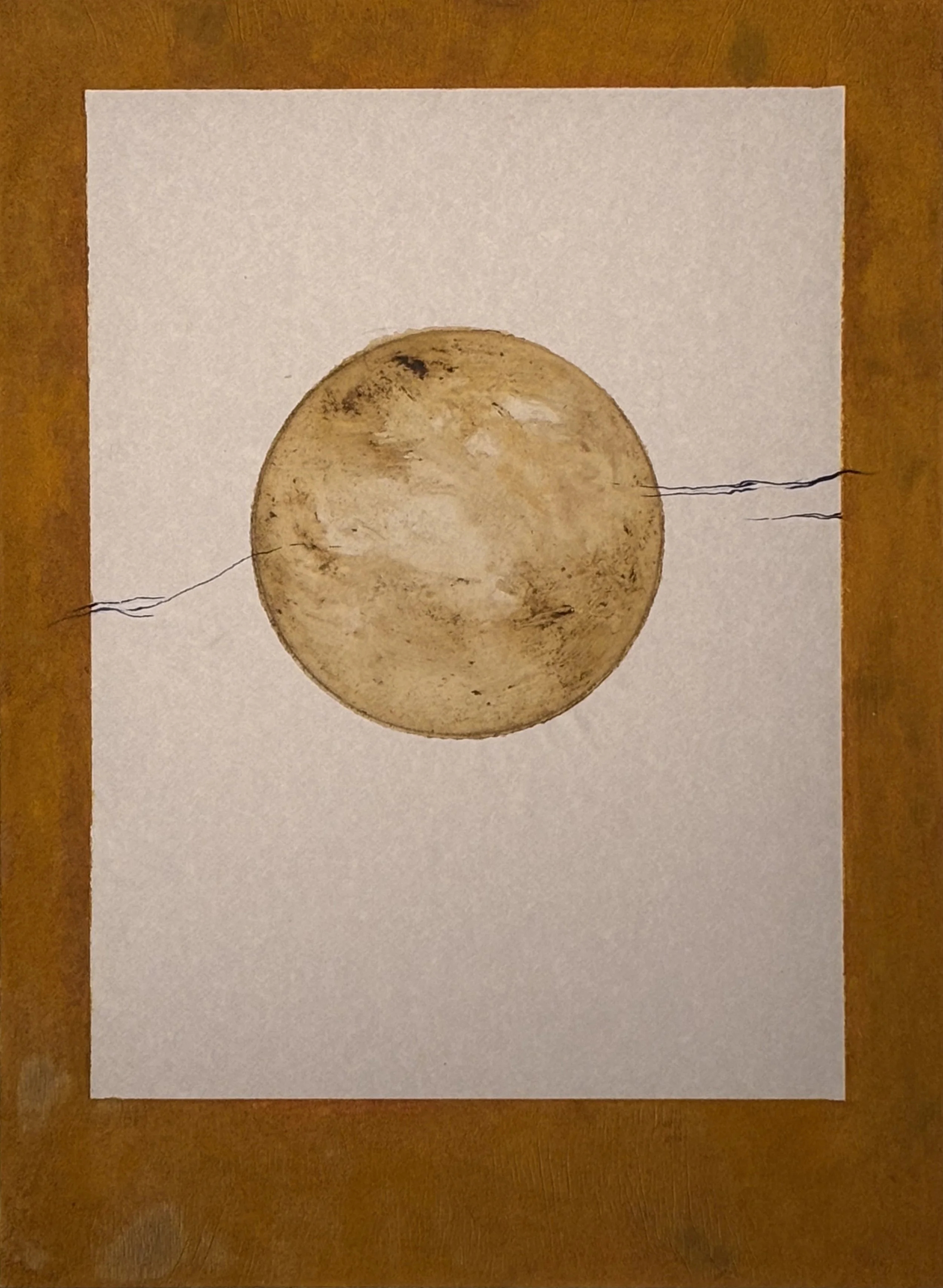Mushroom Moon, mushroom print, turmeric,  acrylic medium, ink on paper on bookboard, 20.5”x15”, 2026