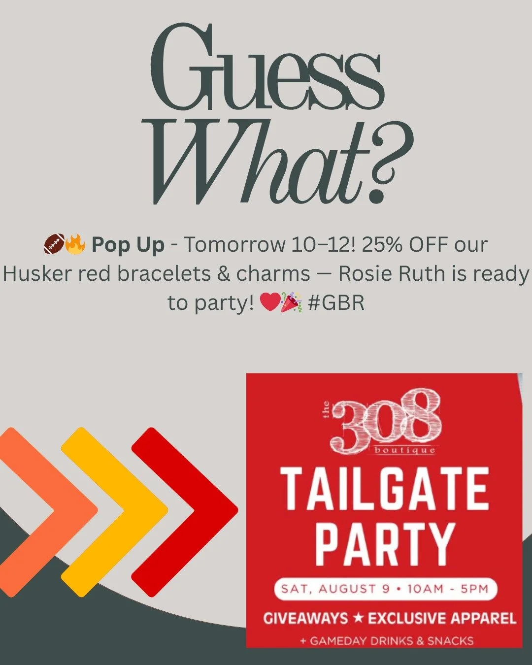 🏈🎉 It&rsquo;s not game day just yet, Huskers! Let's party like it is anyway! 

Come tailgate with us and meet your very own Rosie Ruth! ❤️ We will have a full supply of permanent jewelry and bangles from 10-12pm! 

To sweeten the deal, Rosie Ruth w
