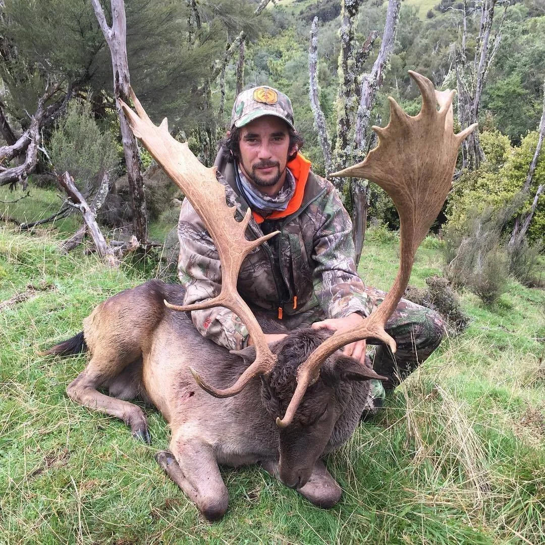 Man in camouflage clothing kneeling on grass with a fallen elk, holding its antlers with trees in the background.
