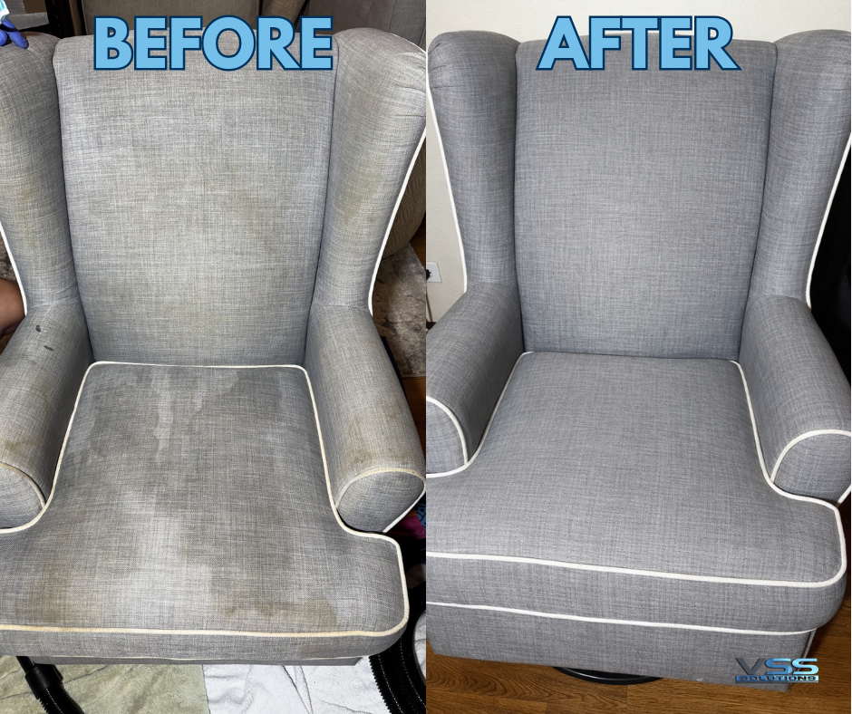Comparison of a gray upholstered armchair before and after cleaning. The 'before' side shows stains and dirt, while the 'after' side shows a clean, refreshed chair with white piping.