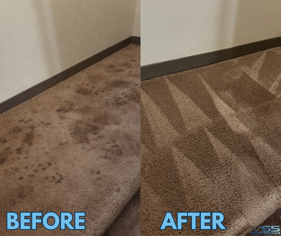 Comparison of a carpeted floor showing old, stained carpet on the left and clean, newly vacuumed carpet on the right.