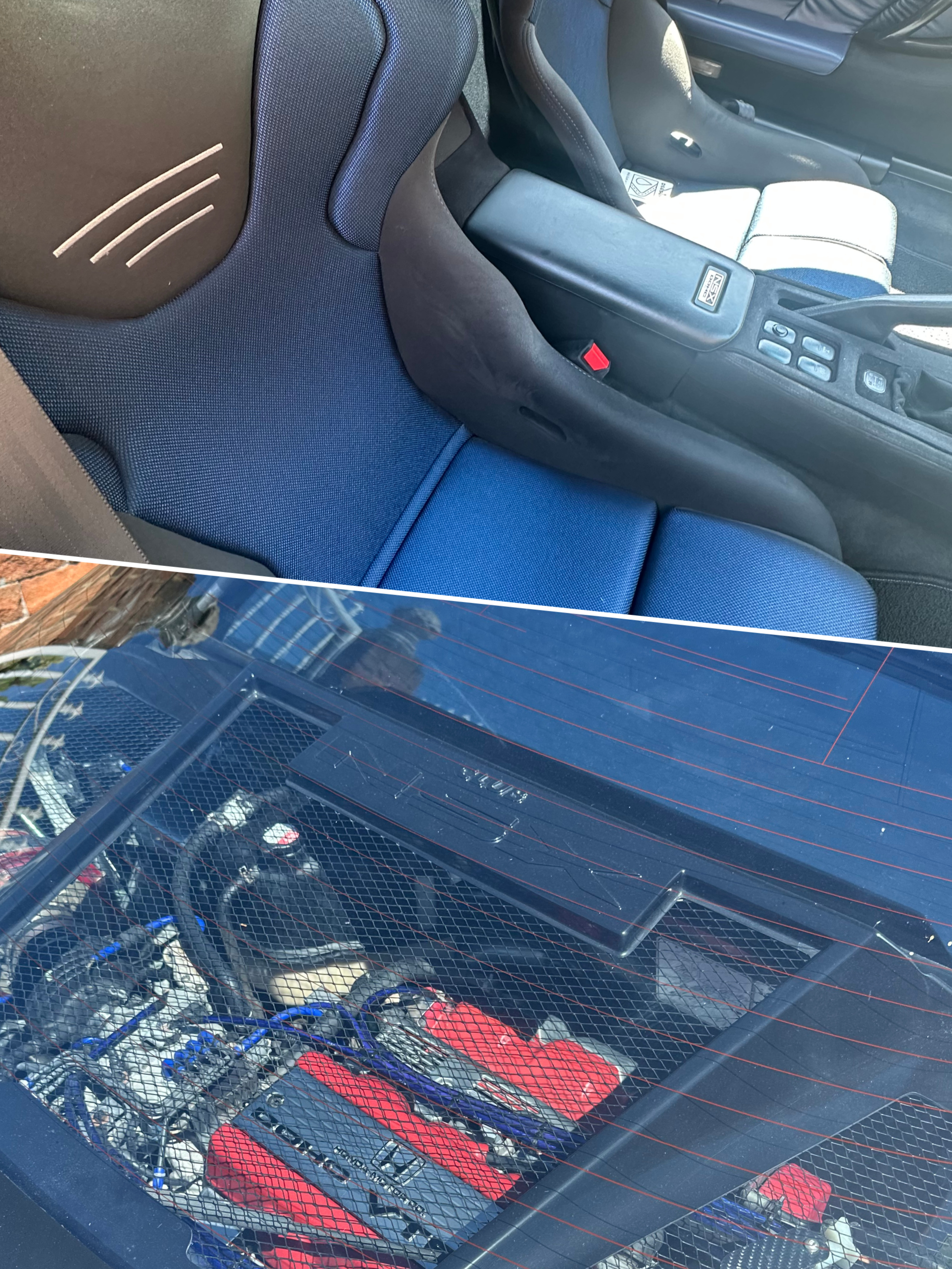 The image shows the interior of a vehicle, focusing on the back seat and the cargo area. The cargo area contains various tools, cables, and equipment stored in a metal mesh compartment with a glass rear window.