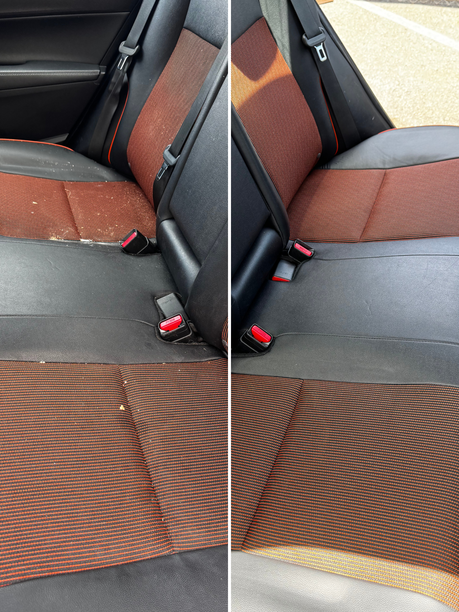 Side-by-side comparison of car back seats; the left seat is dirty with debris and stains, and the right seat is clean.