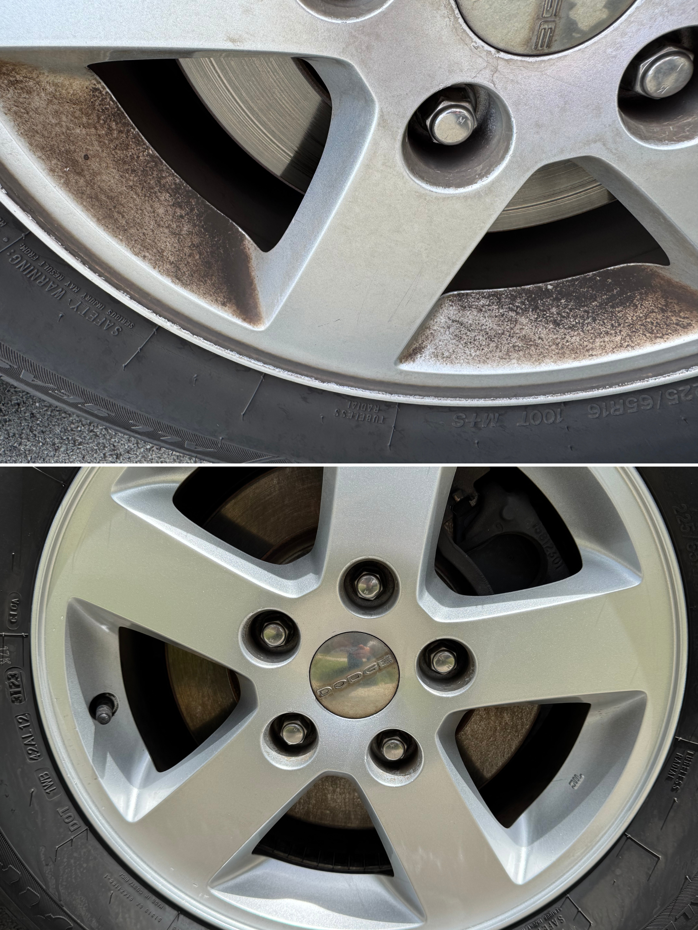 Close-up of a silver alloy wheel with visible rust and a black tire.