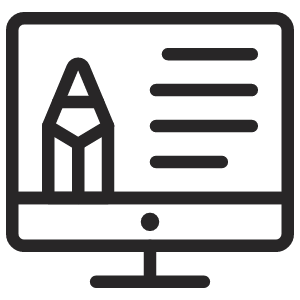Computer monitor displaying an online learning platform with a pencil icon and text.