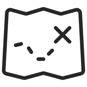 A simple black outline of a map with dashed lines and an 'X' mark.