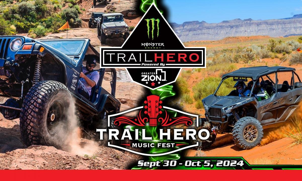 Image promoting the Trail Hero event, featuring off-road vehicles on rocky terrain. It includes the Monster Energy logo, Trail Hero branding, and details about the event from September 30 to October 5, 2024.