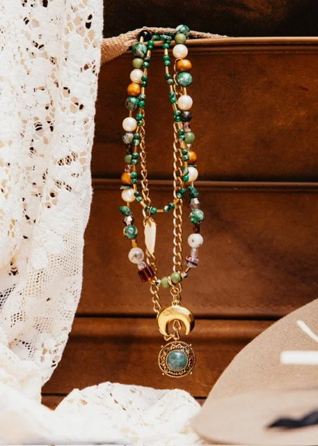Multiple layered necklaces with beads and pendants