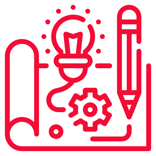 Red digital icon of a light bulb, gear, paperclip, and pen on a transparent background.