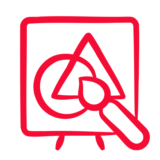 Red and black icon of a presentation board with a pie chart and a magnifying glass examining the chart.