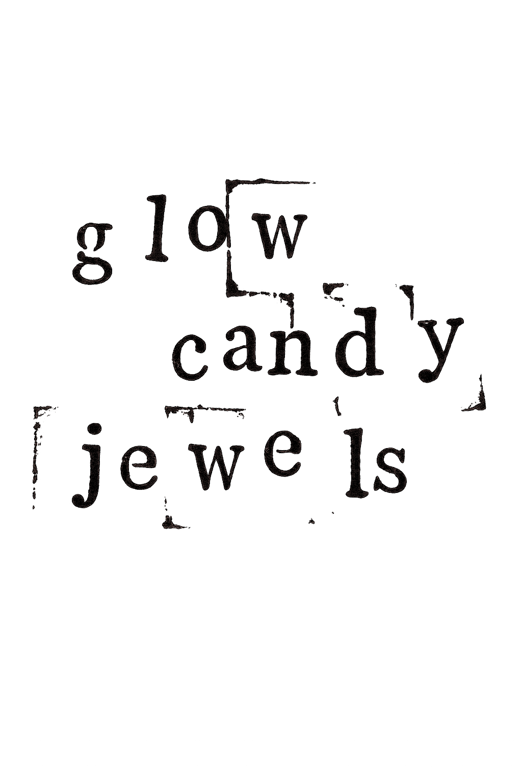 Dark background with the words "g l d w c a n d y j e w e l s" arranged in a scattered, stylized font.