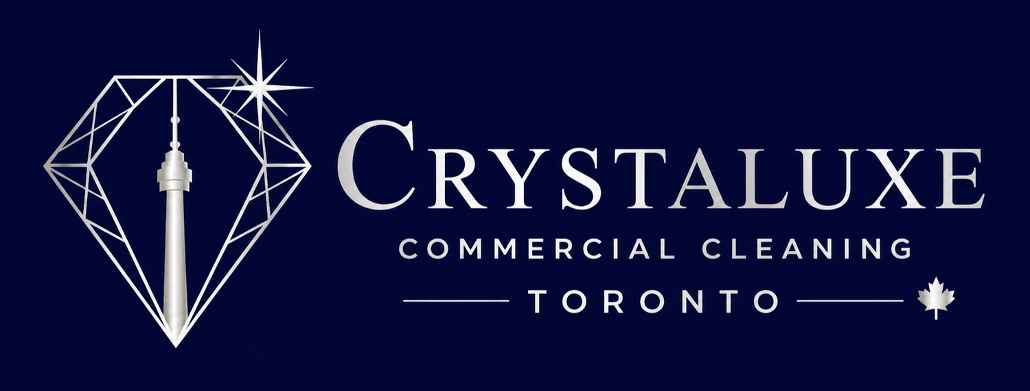 Logo for CrystaluXe Commercial Cleaning in Toronto, featuring a diamond outline with a Toronto CN Tower inside, with a small maple leaf icon.