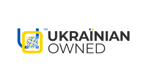 Ukrainian Owned logo with a decorative emblem and text.