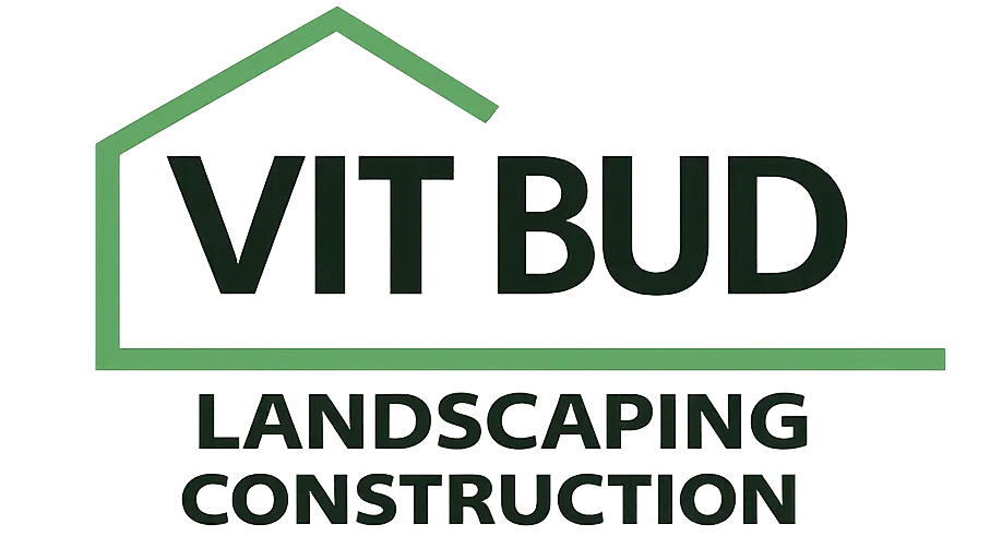 Logo for VIT BUD Landscaping & Construction featuring a house outline and green lines