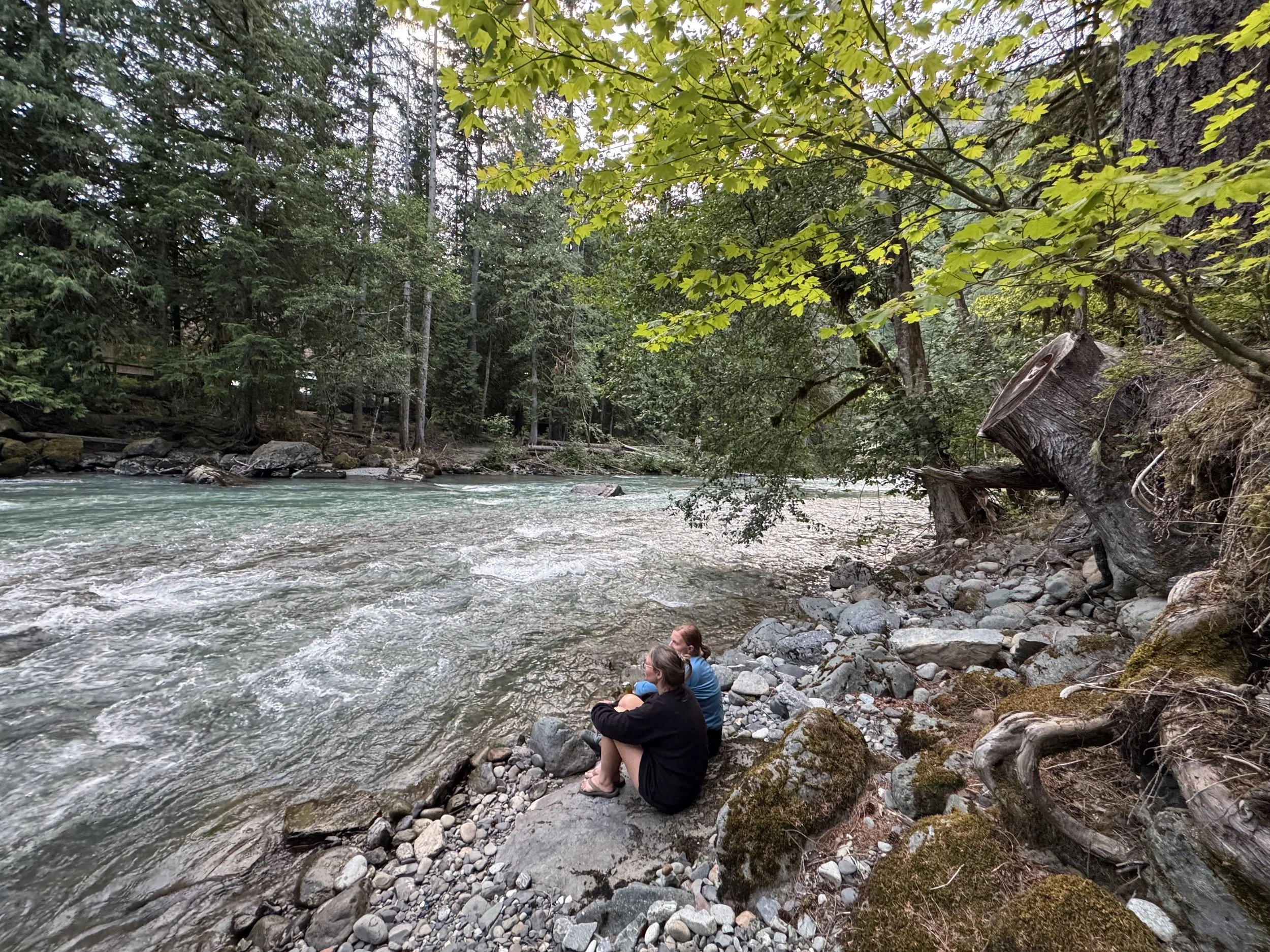 Two women sitting on rocks beside a flowing river in a forested area with trees and overhanging branches.