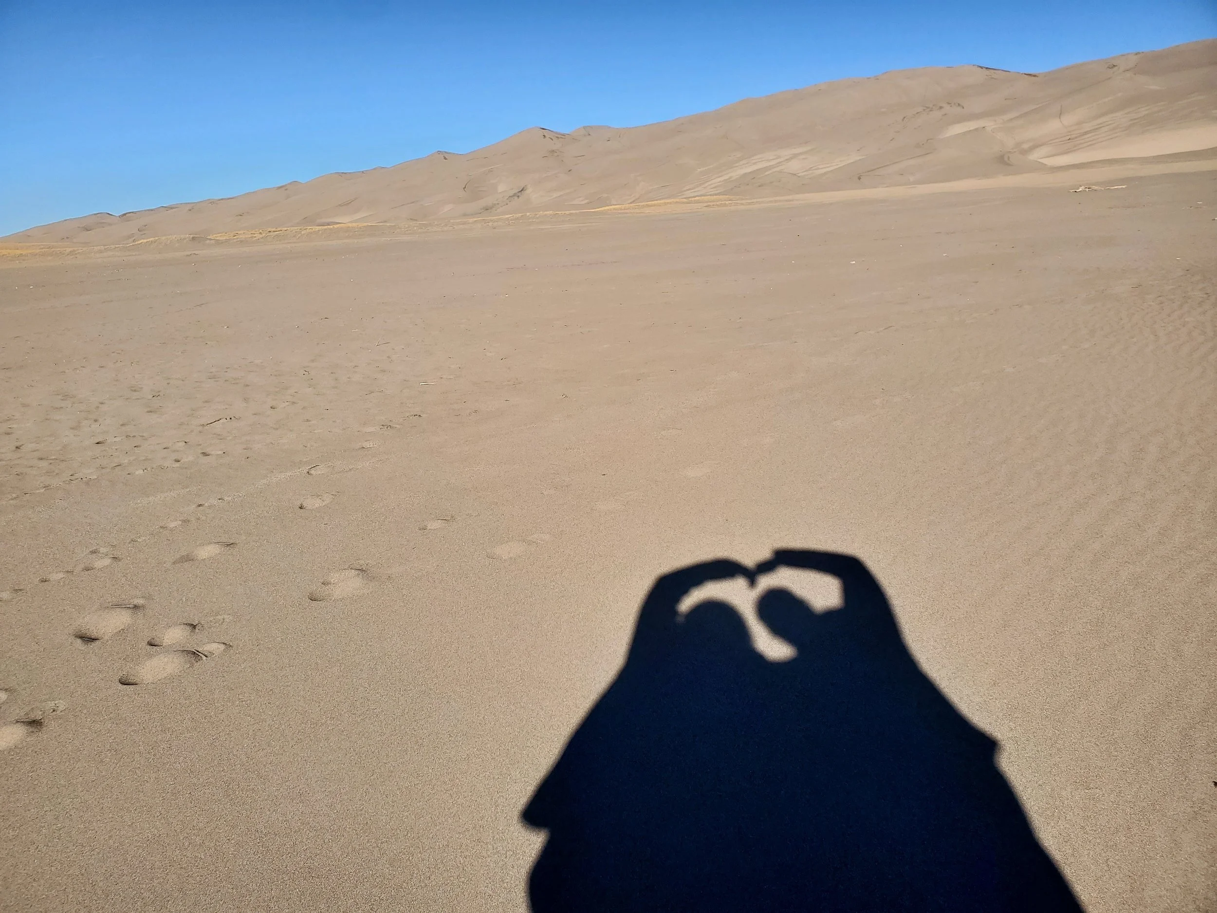 A desert landscape with sand dunes under a clear blue sky. The shadow of a hand holding a camera is visible in the foreground.