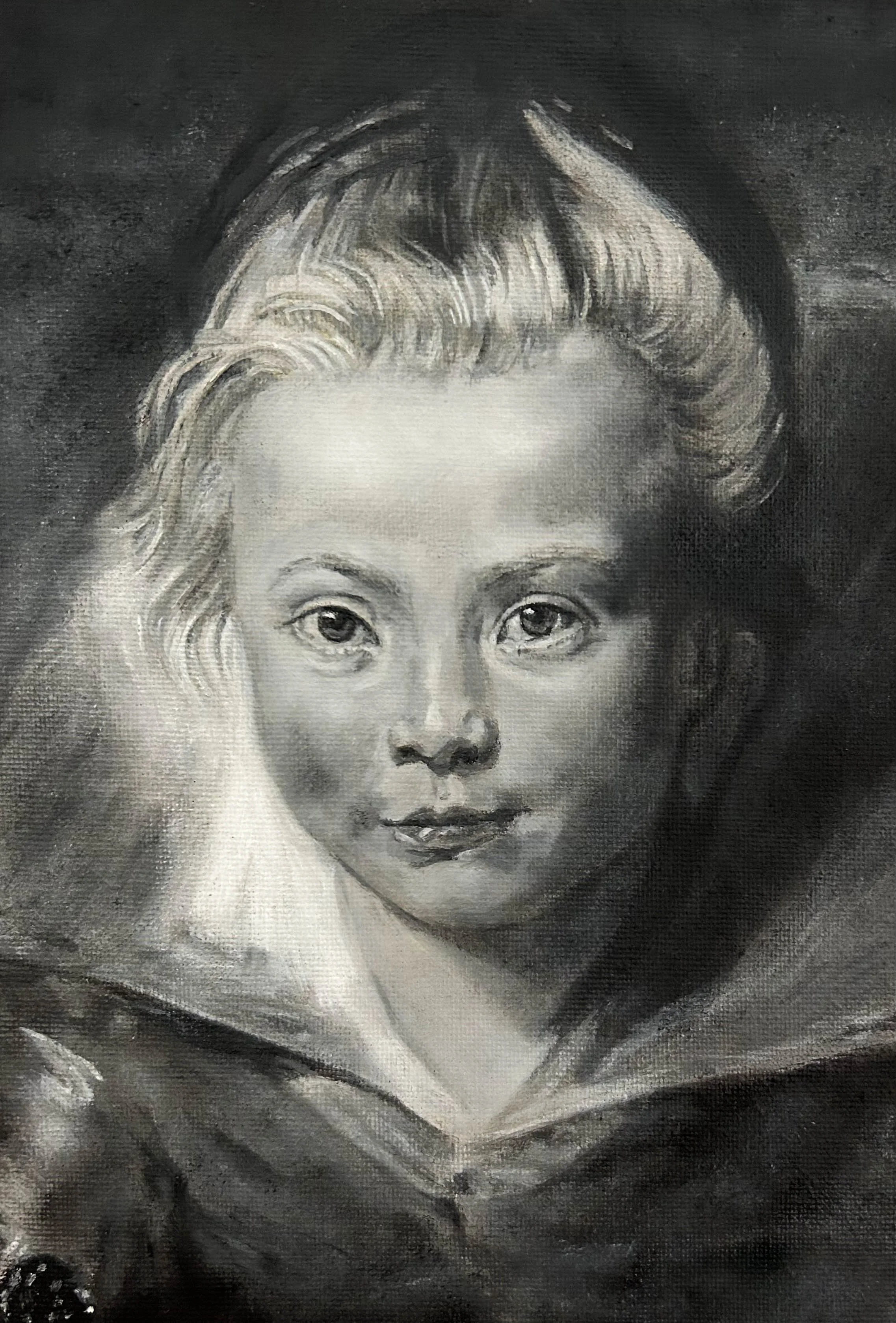 Grisaille Copy of Rubens Head of a Child Clara-Serena Rubens. Oil on Canvas. Jo Feldman, 2025