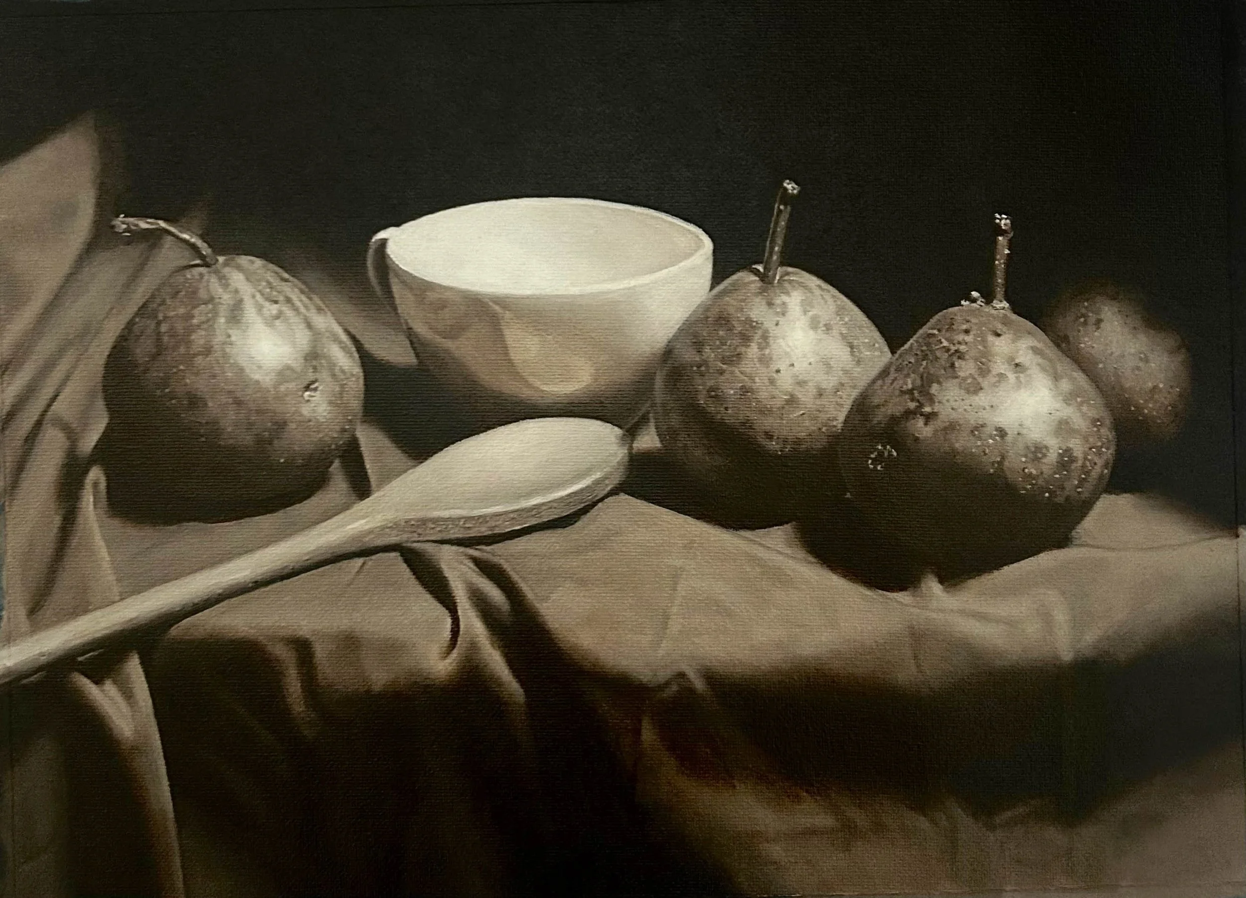 Still Life of Pears with Cup and Spoon. Oil on Canvas. Jo Feldman, 2025