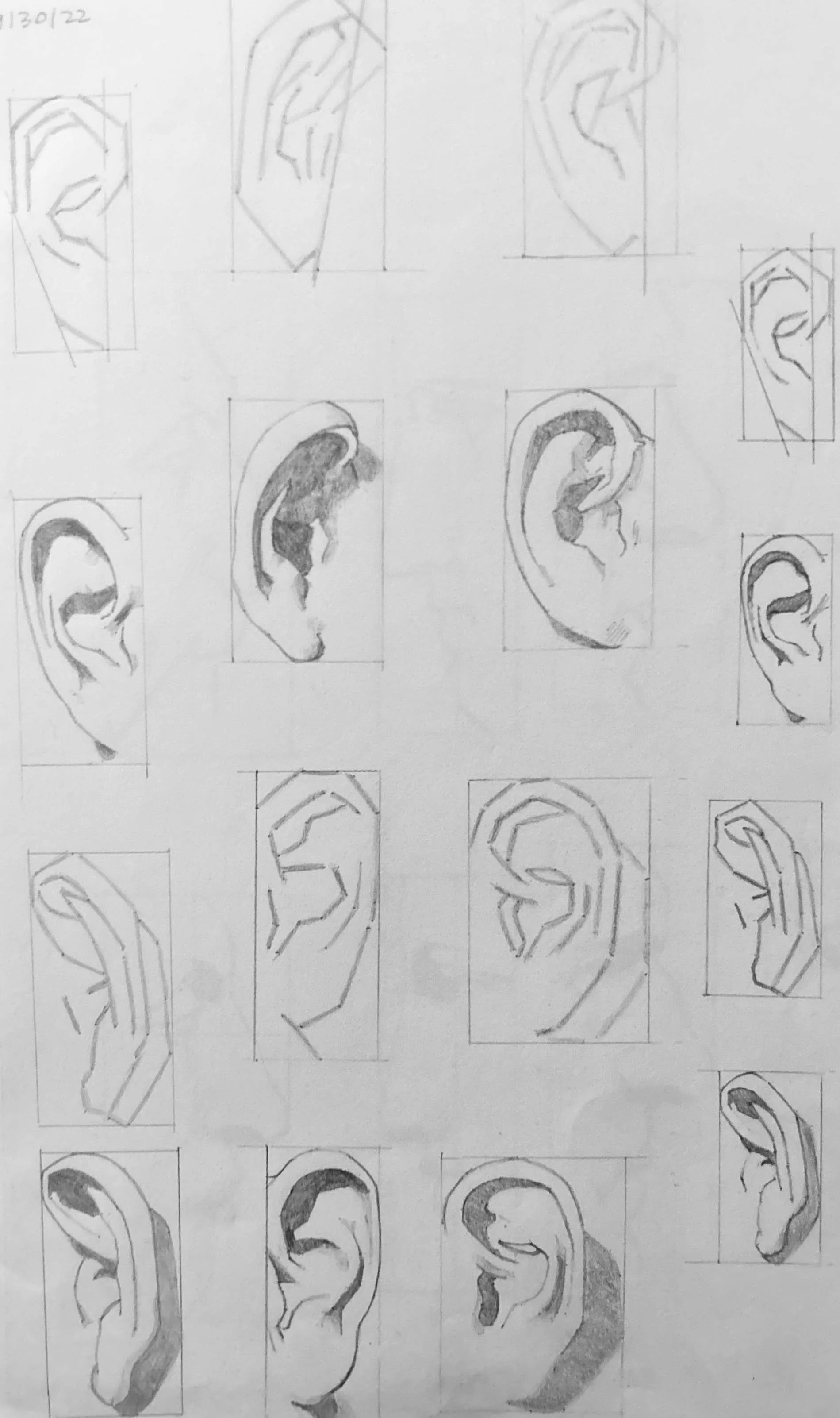 Replica Study of Ear. Bargue Plate 1,4. Graphite on Paper. Jo Feldman, 2023