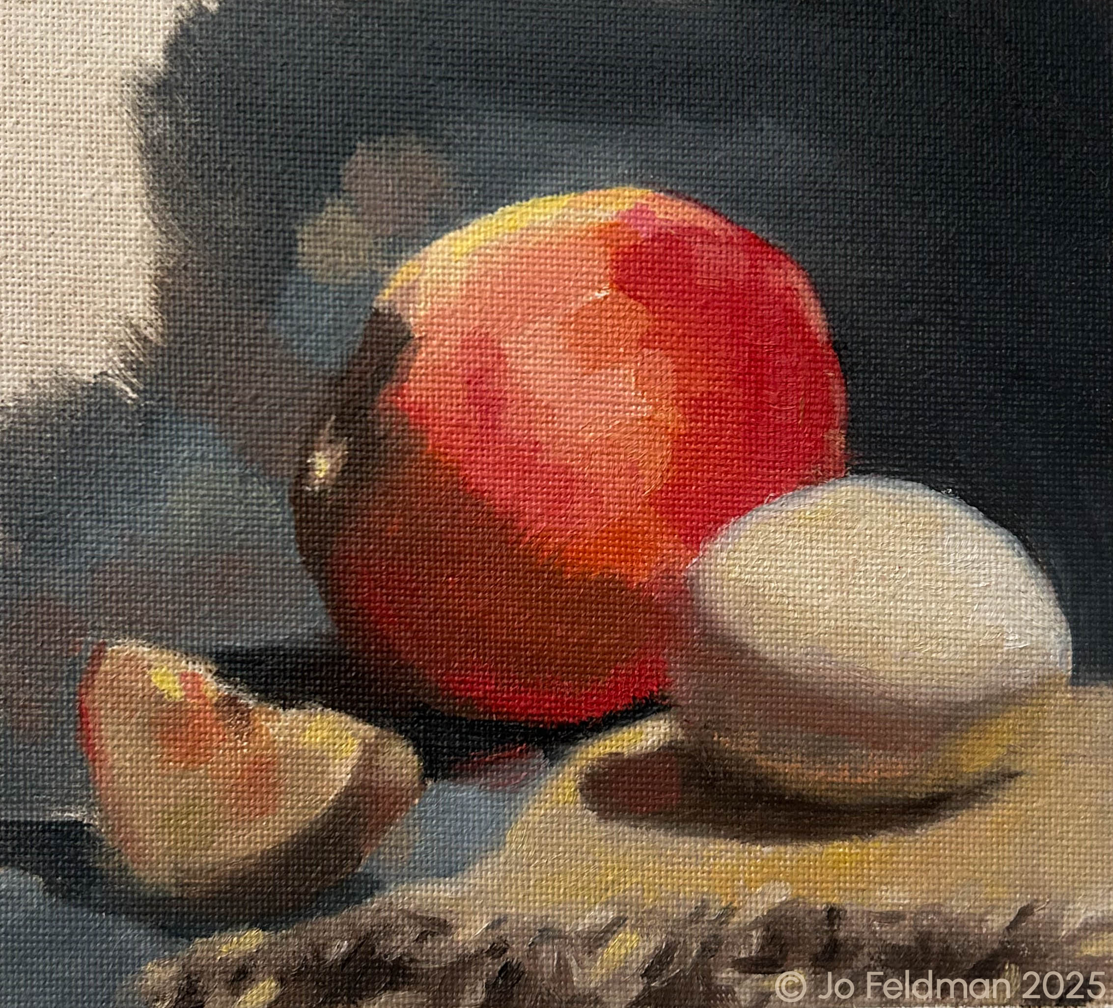 Alla Prima of Fruit and Egg. Oil on Canvas. Jo Feldman, 2025