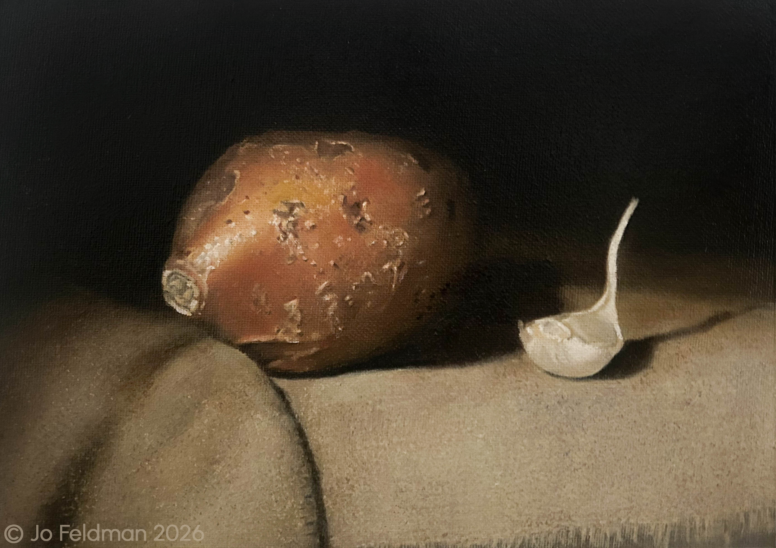 Long Study of Sweet Potato and Garlic. Limited Palette. Oil on Canvas. Jo Feldman, 2026