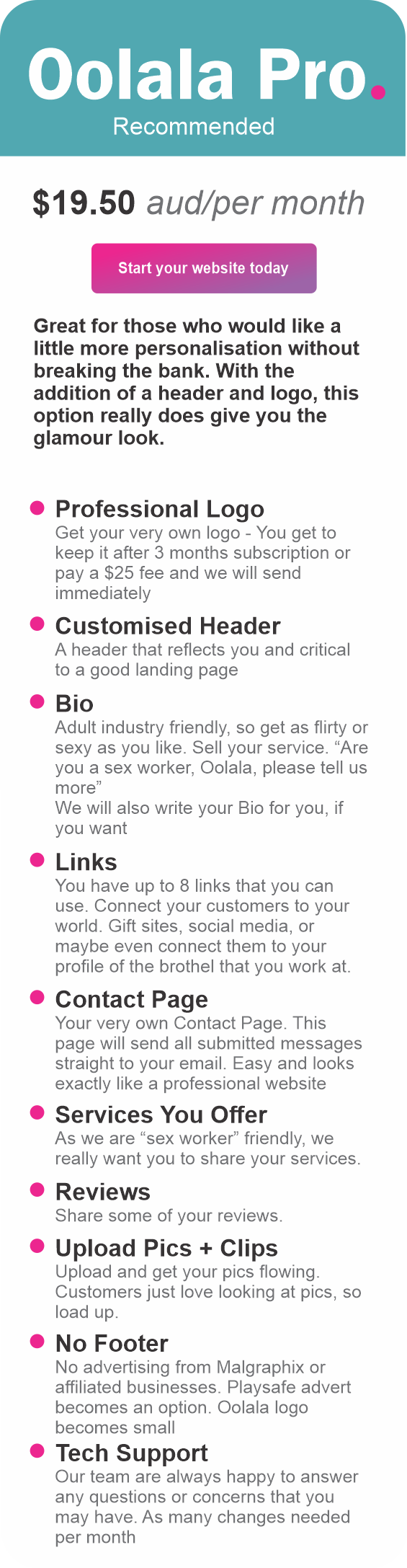 Advertisement for Oolala Pro subscription service, featuring pricing, customization options for logos, headers, bios, links, contact page, services, reviews, uploading pictures, and technical support.
