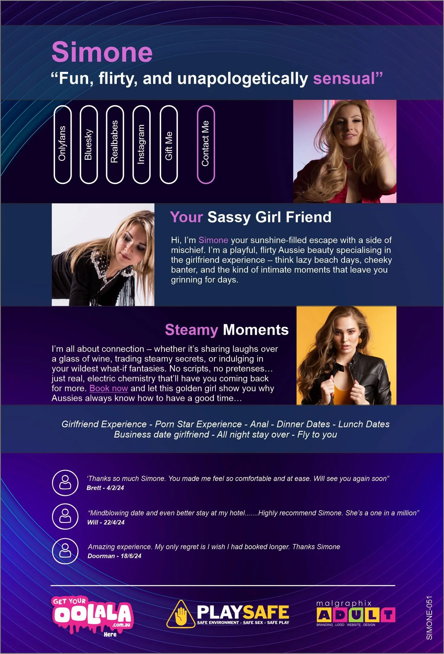 A colorful promotional flyer for Simone, an Australian dating service. It features photos of a young woman, with sections describing her personality and relationship offerings. Contact and social media options are at the top, and testimonials and service details are at the bottom.