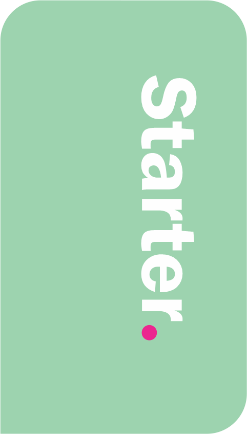 Green background with the word 'starter' written vertically in white letters and a small pink dot at the bottom.