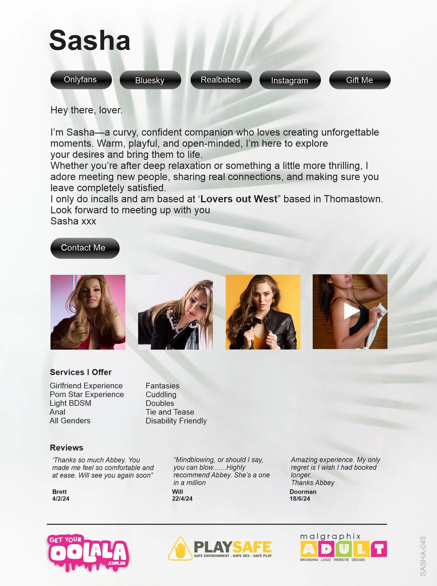 A personal webpage introducing Sasha, a confident companion offering adult experiences. The page includes a bio, contact button, three photos of Sasha, list of services offered, reviews, and logos for an adult website, safe environment, and branding.
