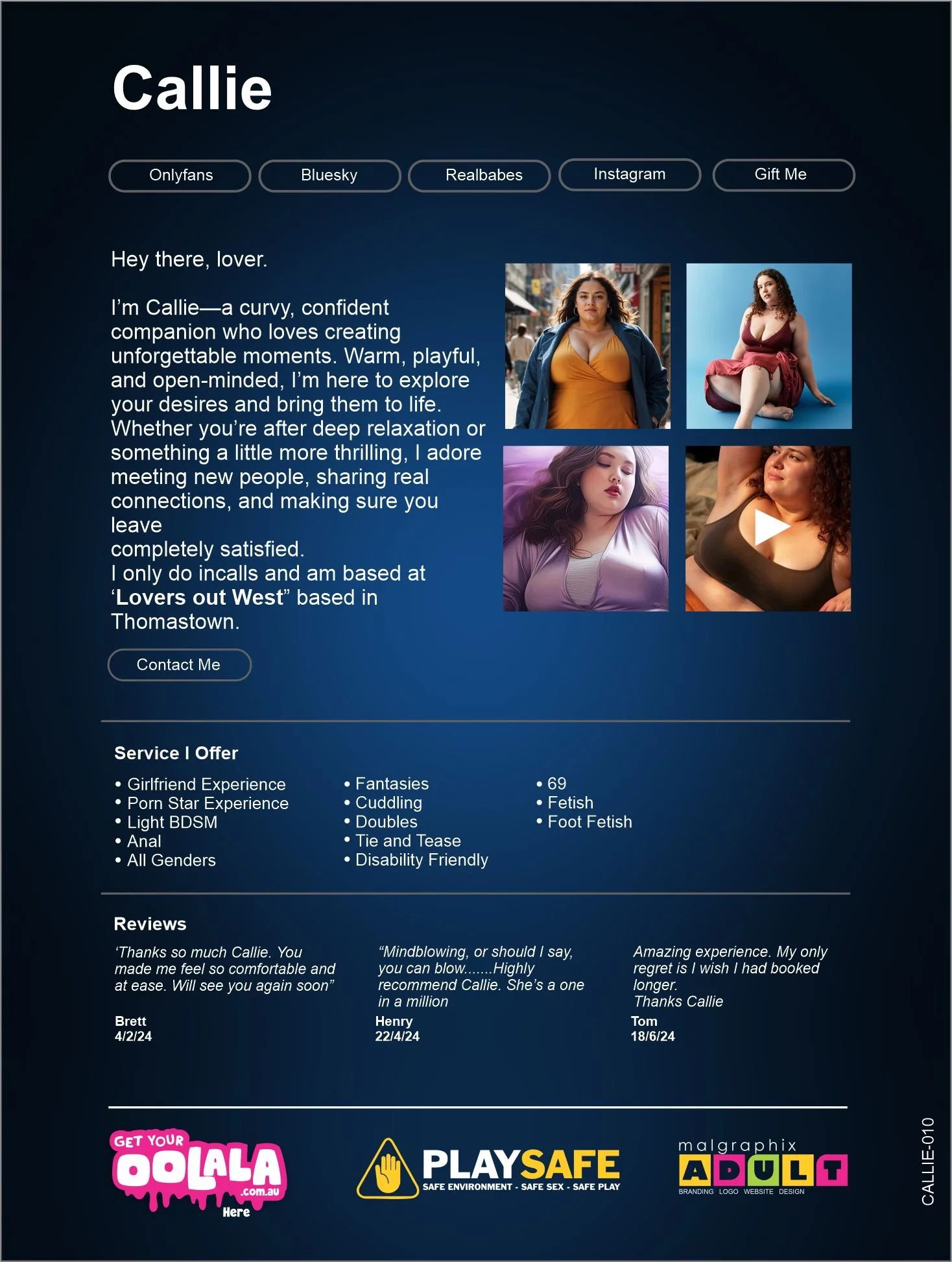 A solicitous online profile page of a woman named Callie, featuring her introduction, photos, list of services offered, reviews, and logos for advertising and safety programs.