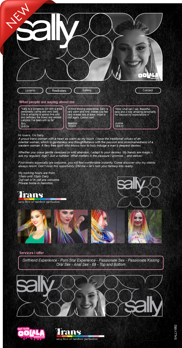 A promotional flyer for Sally, a woman offering adult entertainment services, with photos of her and her contact information, styled with black background, white decorative elements, and pink highlights.