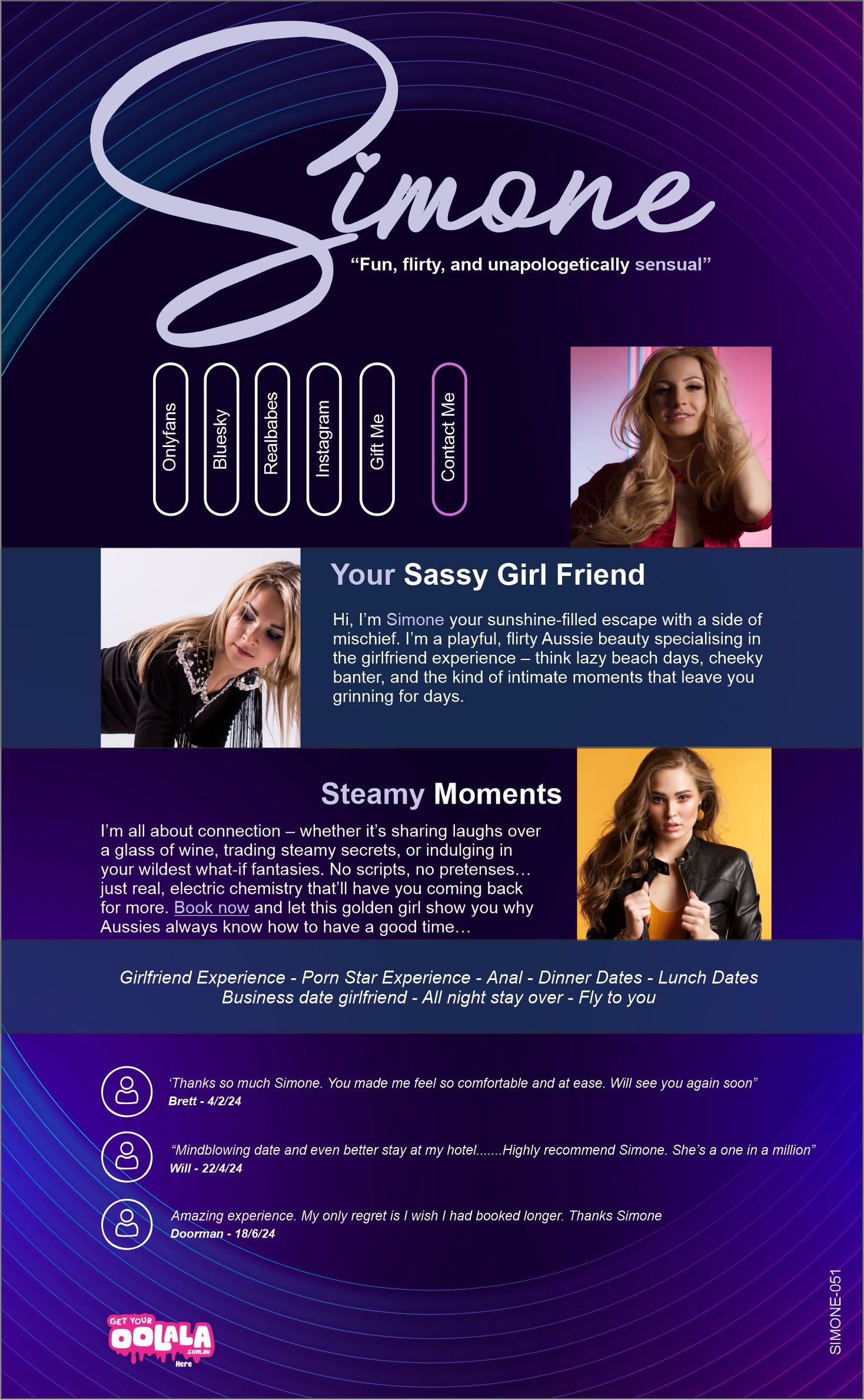 A promotional webpage for Simone, a playful and flirty Australian girlfriend experience service, featuring images of a woman with blonde hair, descriptions of connections and experiences offered, and customer testimonials.