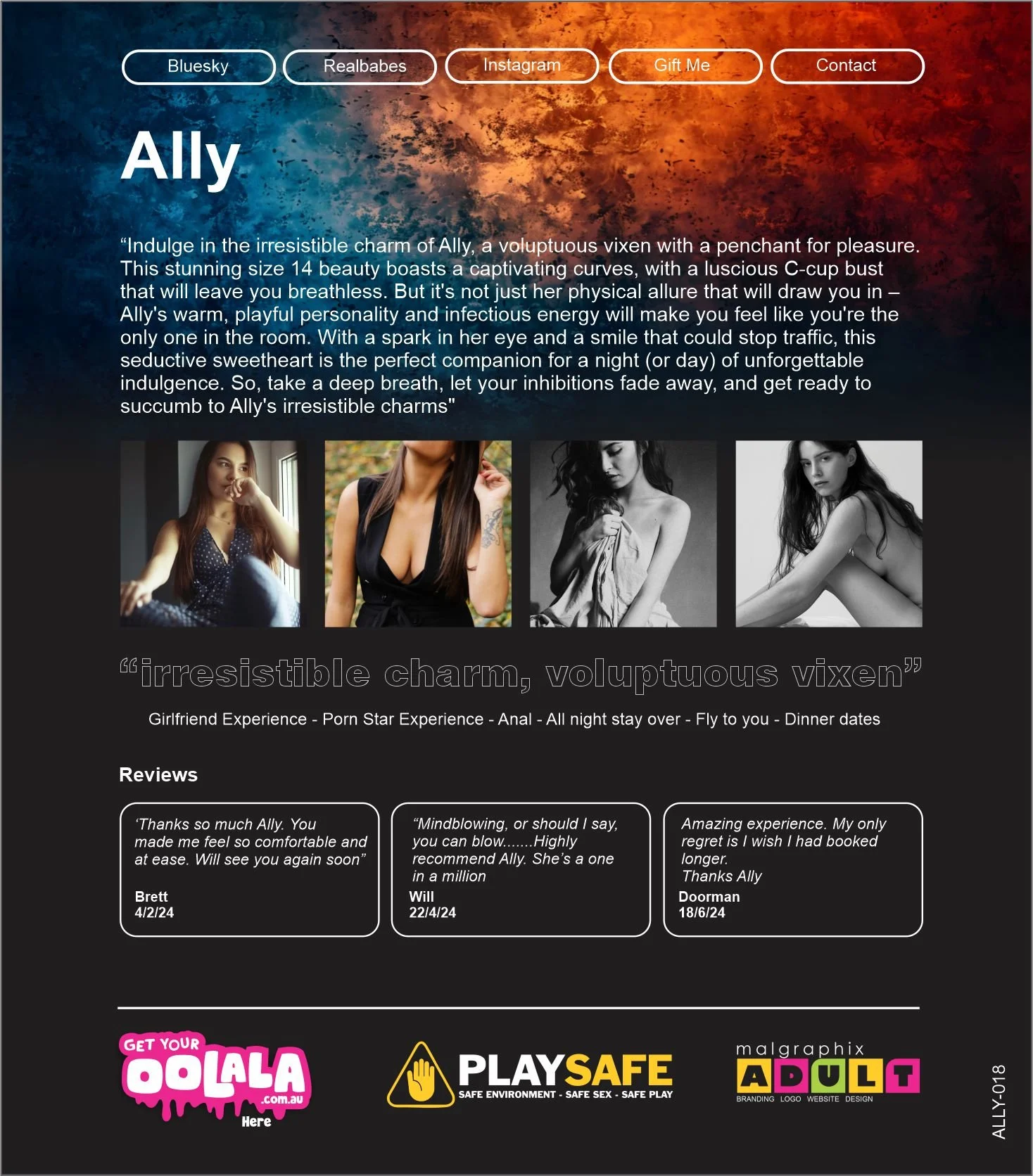 A website promoting Ally, described as a seductive woman with a captivating appearance and playful personality. The page features pictures of her, reviews from clients, and contact options, emphasizing her charm and allure.